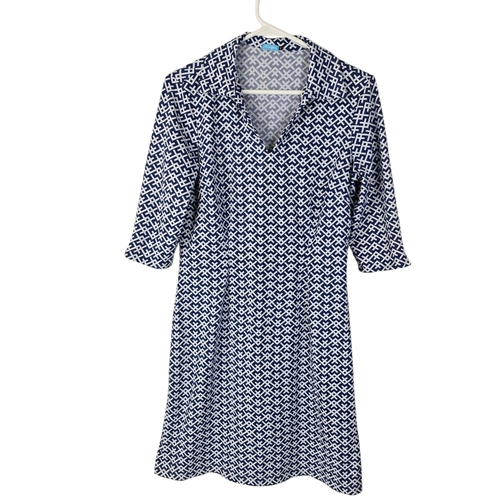 J. McLaughlin Catalina Cloth V Neck Midi Sheath Dress S Blue White Geometric